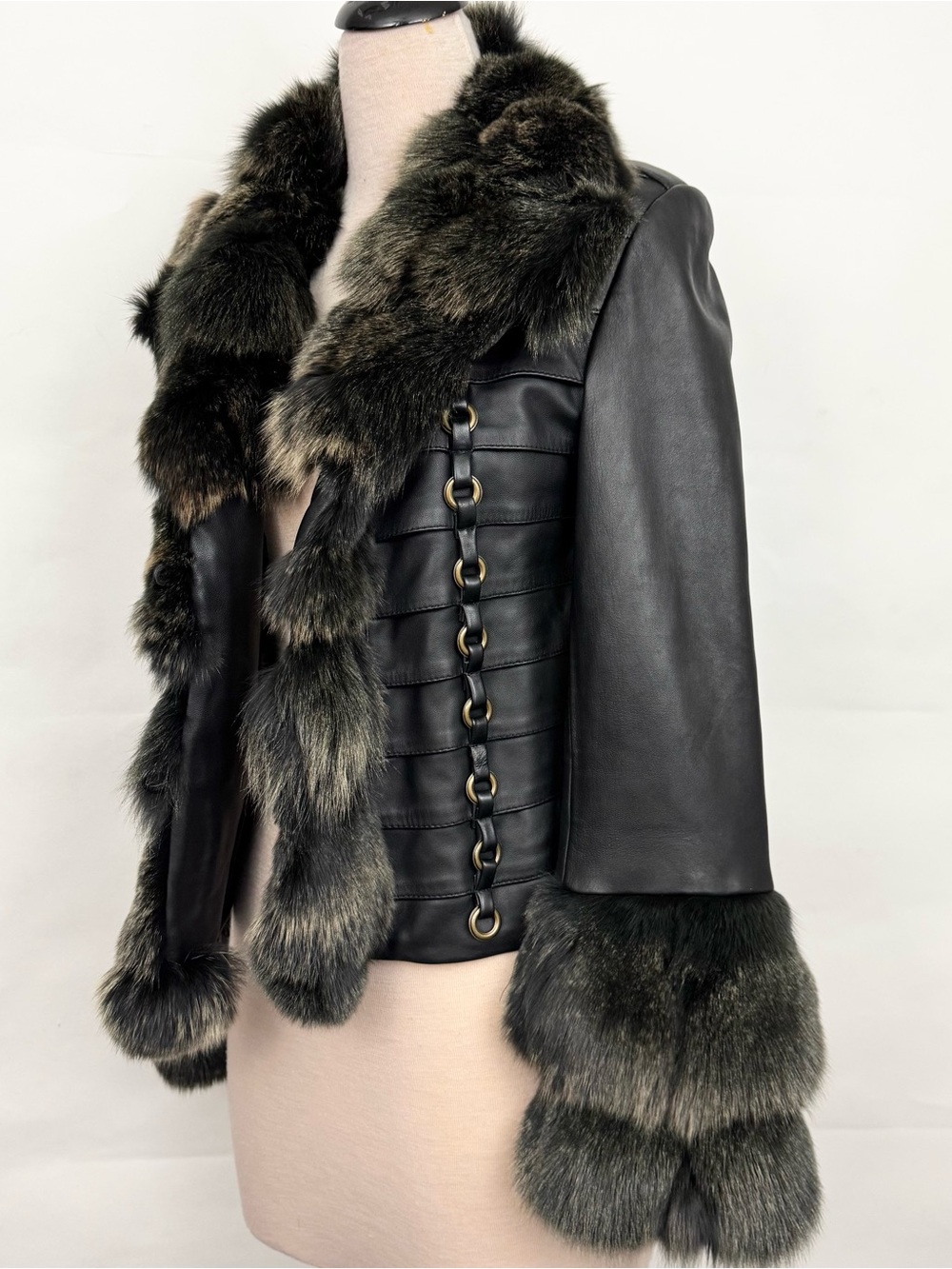 Michaela Fur Leather Fur Trim Bell Sleeve Vintage Jacket Medium